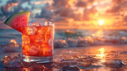 A refreshing cocktail served in a mason jar, garnished with mint leaves and berries, placed on a beachside bar with a panoramic view of the sea. - obrazy, fototapety, plakaty