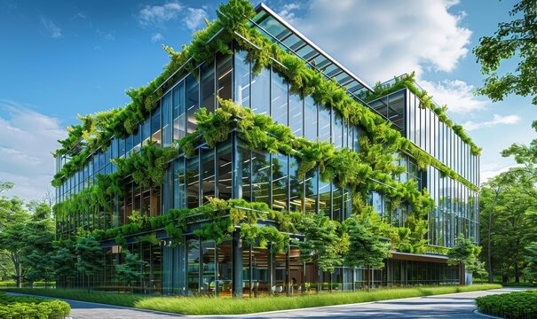 Architecture image with a modern glass building with a lot of green plants trees and bushes for business architecture environmental friendly and, Generative AI