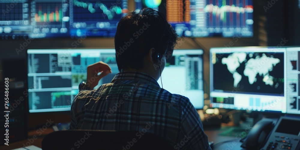Poster a man is sitting in front of a computer monitor with a headset on