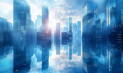 Foto op Plexiglas Modern skyscrapers of a smart city, futuristic financial district with buildings and reflections , blue color background for corporate and business template with warm sun rays of light, Generative AI © Focal Imaging