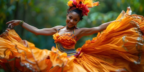 Vibrant Mango Dancer Swirling in a Salsa of Sweet Moves at a Lively Carnival - obrazy, fototapety, plakaty