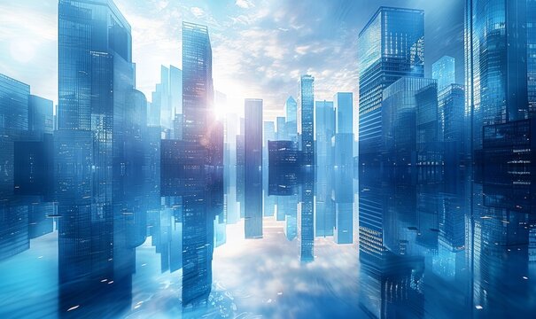 Modern skyscrapers of a smart city, futuristic financial district with buildings and reflections , blue color background for corporate and business template with warm sun rays of light, Generative AI