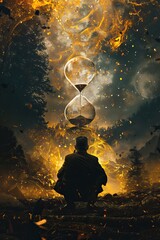 Person sitting under a cosmic hourglass amidst a forest. Mystical digital art for creative storytelling and fantasy - obrazy, fototapety, plakaty