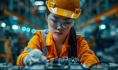Chinese engineer working on EV car battery cells module in a electric vehicle factory, Generative AI - obrazy, fototapety, plakaty