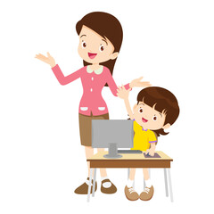 happy teacher and student learning computer