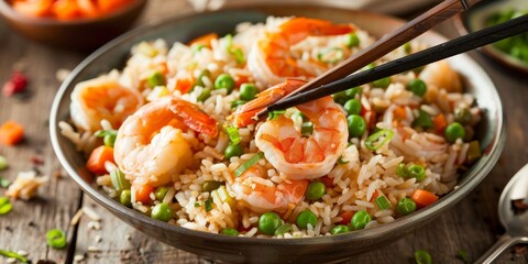 A bowl of shrimp and rice with chopsticks in it