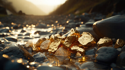 Real gold mined, stacked of gold nugget sitting on top  of rocks in the river. generative ai