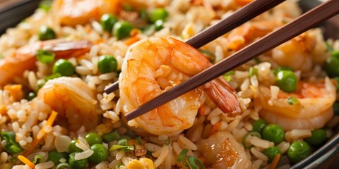 A plate of shrimp and rice with chopsticks in hand - obrazy, fototapety, plakaty