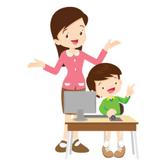 happy teacher and student learning computer