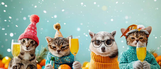 Obraz na płótnie Canvas Cats clad in winter attire sipping on champagne-like drinks against a snowy backdrop, capturing holiday spirit