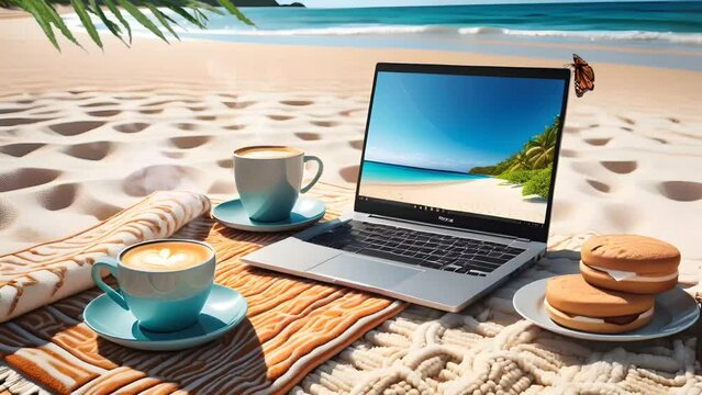 Two cup of coffee with computer on the beach. Seamless looping time-lapse 4k video animation background
