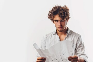 Confident young business man in shirt examining blueprint on a white background, Generative AI