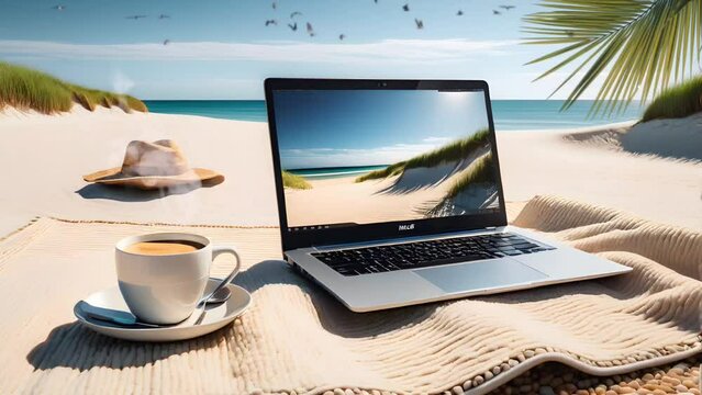 laptop with coffee on the beach. Seamless looping time-lapse 4k video animation background