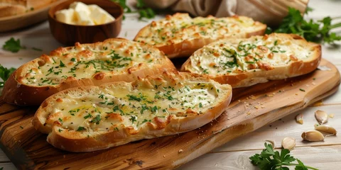 Zelfklevend Fotobehang A plate of bread with cheese and parsley on a wooden cutting board © kiimoshi