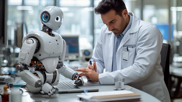 manufacturing ai in robot tech in the electronic research Lab. Researcher Robots designer in the research Laboratory programming robotic prototype.