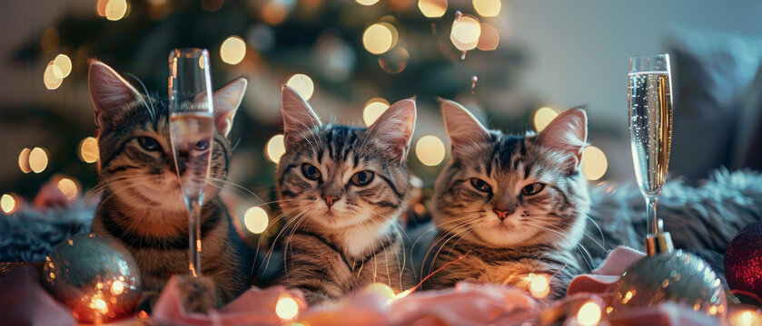 Trio of charming kittens wearing festive hats sitting beside a sparkling Christmas tree with a champagne glass