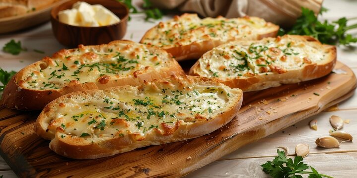 A plate of bread with cheese and parsley on a wooden cutting board