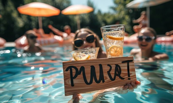 Summer party sign concept image with pool party with people in background, Generative AI