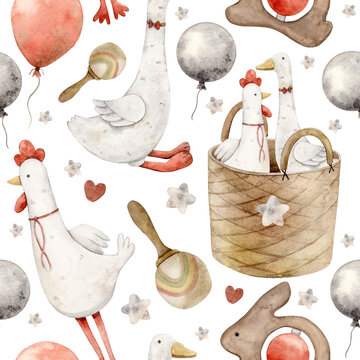 Watercolor pattern with baby toys, plush goose and rooster, balloons, wooden rattles and basket on a transparent background. Isolated hand drawn illustration for children's interior, cards, textiles