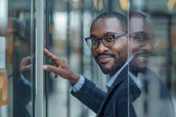 African man uses a finger scanner to unlock a glass door in an office building, Generative AI - obrazy, fototapety, plakaty