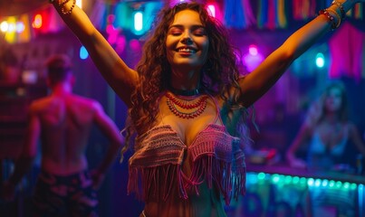 Fototapeta na wymiar Beautiful uninhibited young woman wearing macrame clothes dancing in a nightclub with neon colors lights, Generative AI