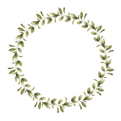 Watercolor round botanical wreath made of beautiful bright green round leaves. Isolated hand drawn illustration for cards, stickers, textiles, design, invitations, logos, decorations