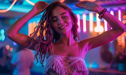 Beautiful uninhibited young woman wearing macrame clothes dancing in a nightclub with neon colors lights, Generative AI