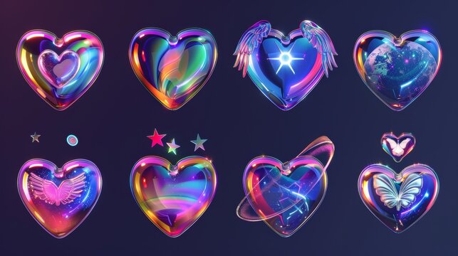 Holographic 3D holographic hearts isolated on dark background. 3D modern illustration with galaxy planet, stars, fire flame, angel wings, and rainbow effect.