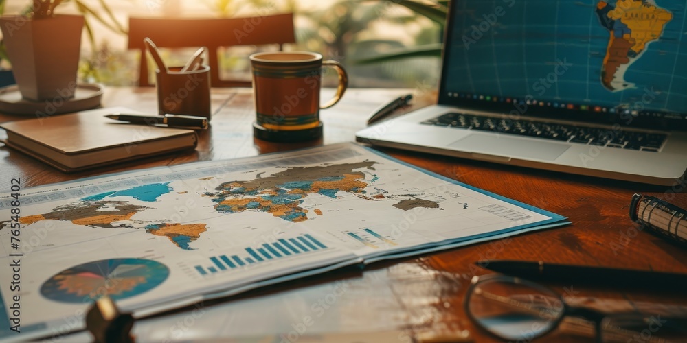 Poster a laptop and a map of the world are on a table