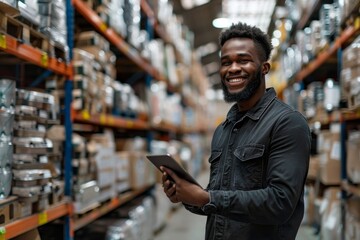 smiling and laughing salesman in a hardware warehouse standing checking supplies on his tablet, Generative AI