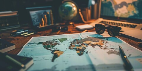 A map of the world is spread out on a table with a pen and sunglasses