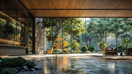 Fototapeta premium Serenity in Glass Corporate Space Embracing Nature's Beauty