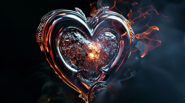 Render 3d silver hearts with stars, galaxy planet, flames, angel wings, melting, love text, and glossy effect. 3d modern illustration in y2k style.