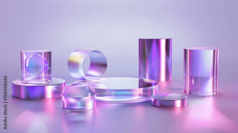 Poster 3d 3d chrome holographic glossy element set. abstract chrome metal rendering. y2k form shiny purple 