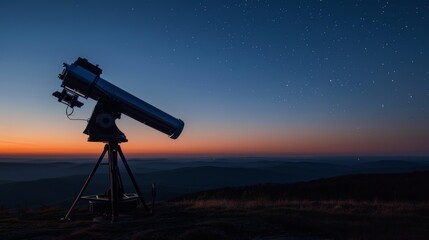 Telescope at twilight, pointing at stars, merging science with nature. Twilight sky and stars reflect on sleek telescope, mixing science and beauty.