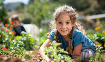 Kids at a community garden, tending to their plants and flowers with enthusiasm. Planting, and enjoying their labor as their garden flourishes, Generative AI
