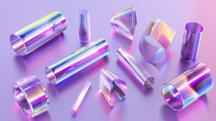The 3D holographic chrome element set represents the shape of the Y2K object in abstract form. The form is shiny purple holo light and the color is chrome. Modern illustration. - obrazy, fototapety, plakaty