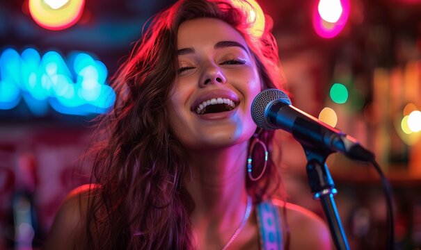 Karaoke night concept image with a young woman singing at karaoke in a bar next to a sign, Generative AI