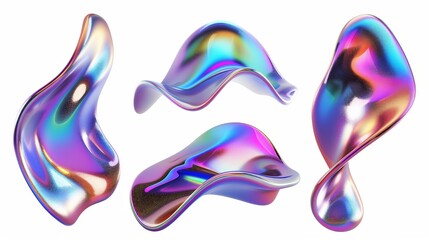 The image has an abstract holographic metal blob with a rainbow gradient effect, rendered in 3D modern and isolated on a white background. The background has an iridescent chrome fluid bubble set, - obrazy, fototapety, plakaty