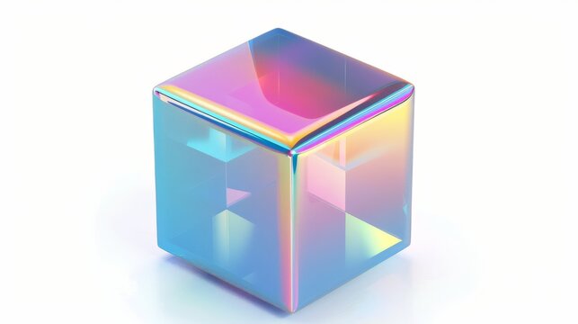 An iridescent holographic cube with a rainbow gradient effect in 3D, isolated on a white background. 3D modern geometric shape with an iridescent chrome effect.