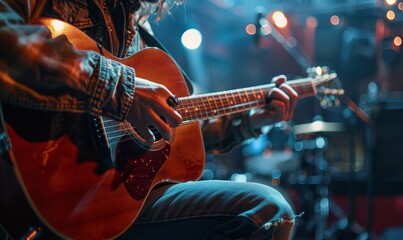 Guitarist strumming an acoustic guitar on stage , famous guitar player concept image, Generative AI