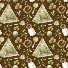 Baby watercolor pattern with wigwam, milk bottle, rattles, cubes, pacifier and plants on a brown background. Isolated hand drawn illustration for children's interior, cards, stickers, textiles, design