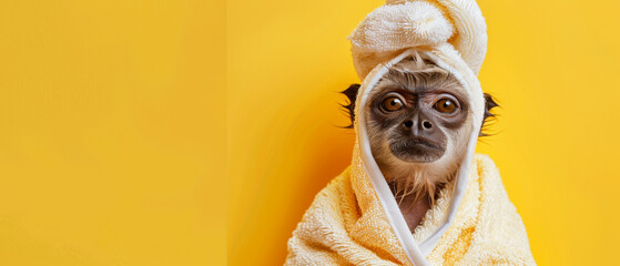 An individual is dressed in a soft yellow bathrobe and a towel turban while their face is obscured on a yellow backdrop - obrazy, fototapety, plakaty