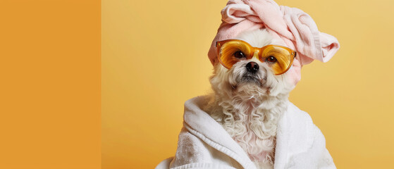 An elder woman's dog in a soft bathrobe & head turban, face is not shown, suggesting a moment of peace and contentment in her golden years