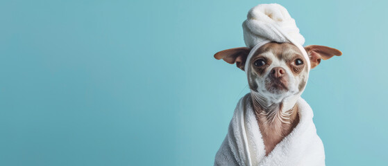 A sheep is humorously styled with a towel turban while its face is concealed on a blue backdrop - obrazy, fototapety, plakaty