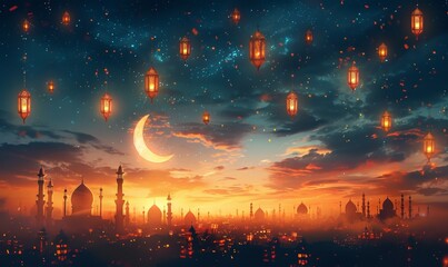 Ramadan Kareem illustration banner background with Islamic Crescent and lantern and written Ramadan Kareem, Generative AI - obrazy, fototapety, plakaty