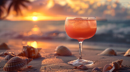 A tropical cocktail presented in a stylish glass, set on a beachside table adorned with seashells...