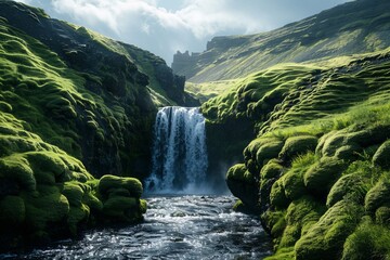 a waterfall in a valley - obrazy, fototapety, plakaty