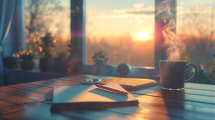 Sunrise Serenity Inspiring Work Environment with Journal and Coffee - obrazy, fototapety, plakaty
