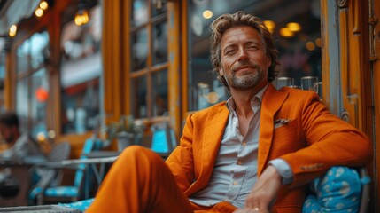 A man in an orange suit is sitting on a chair in front of a yellow building